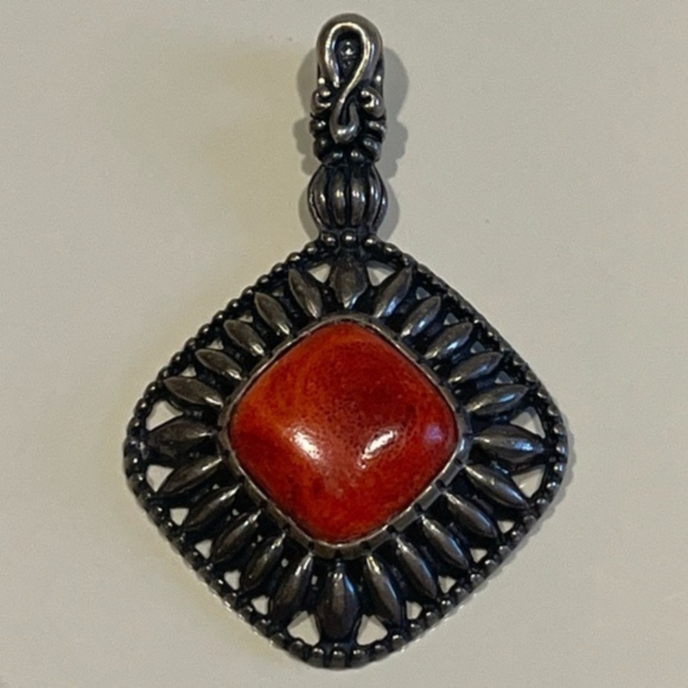 Carolyn Pollack Sterling Silver Red Coral Square Pendant Natural Stone